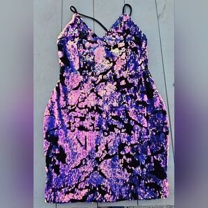 Lvkiring Sequin V-Neck Dress in Pink, Purple & Black Size L